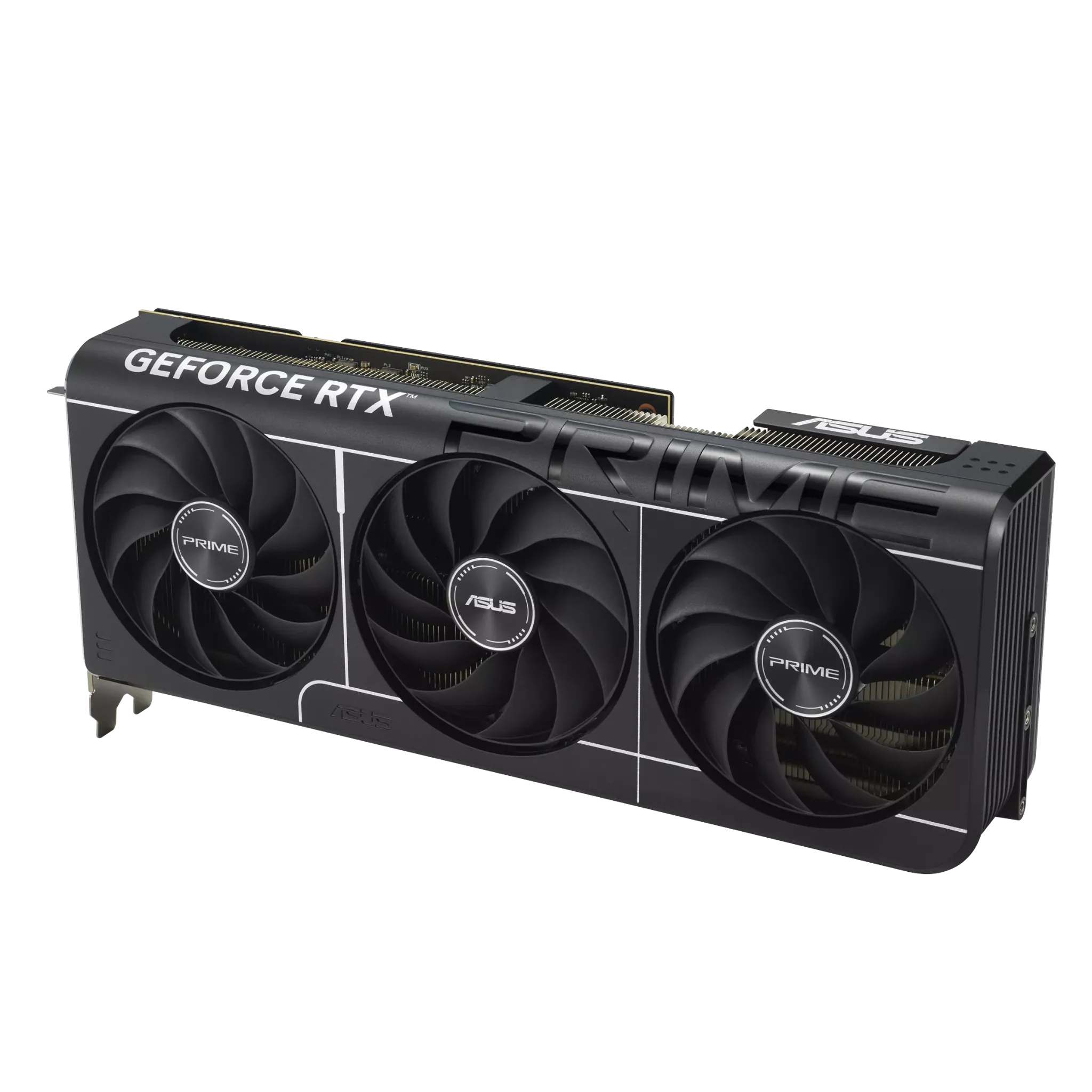 کارت گرافیک ASUS PRIME GeForce RTX 5080 16GB GDDR7 OC Edition با طراحی سه فن و برندینگ GEFORCE RTX از نمای جانبی