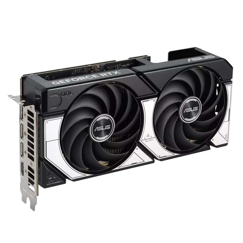 نمای جانبی کارت گرافیک ASUS Dual GeForce RTX 5070 با طراحی دو فن بزرگ و خروجی‌های HDMI و DisplayPort