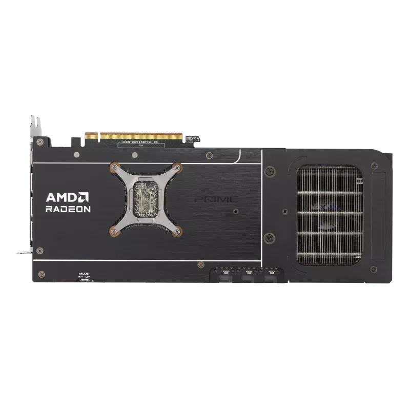 بکپلیت ASUS Prime RX 9070 XT OC نمای پشت کارت گرافیک ASUS Prime Radeon RX 9070 XT OC با بکپلیت و دریچه خروج هوا