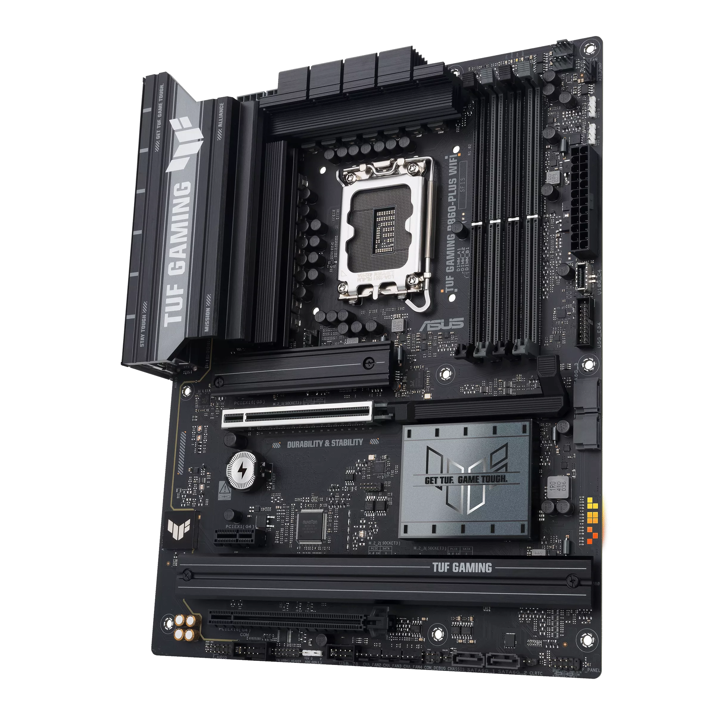 ASUS TUF GAMING B860-PLUS WIFI – Cooling and Heatsink Angle نمای زاویهدار مادربرد ASUS TUF GAMING B860-PLUS WIFI با هیتسینکها