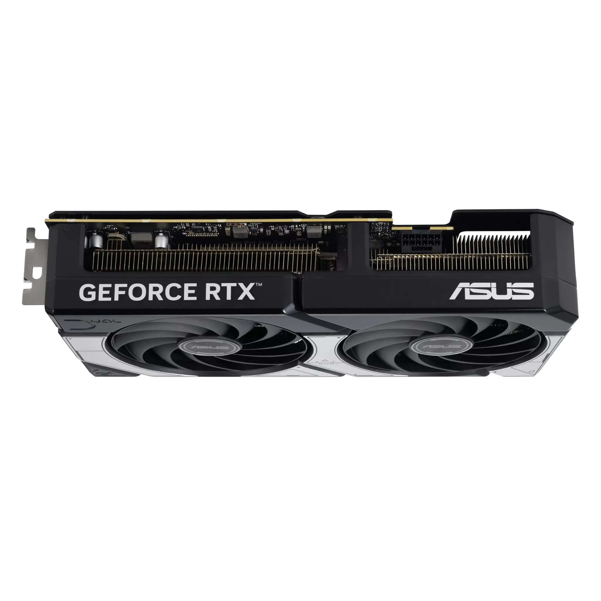 نمای بالایی کارت گرافیک ASUS Dual GeForce RTX 5070 با لوگوی GEFORCE RTX و طراحی خنک‌کننده دو فن