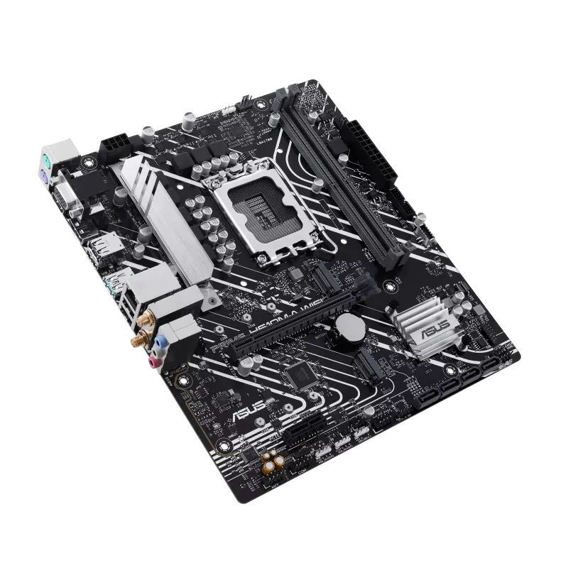 نمای زاویهدار مادربرد ایسوس PRIME H610M-A WIFI DDR5 با سوکت LGA1700 و دو اسلات رم نمای سهبعدی ASUS PRIME H610M-A WIFI
