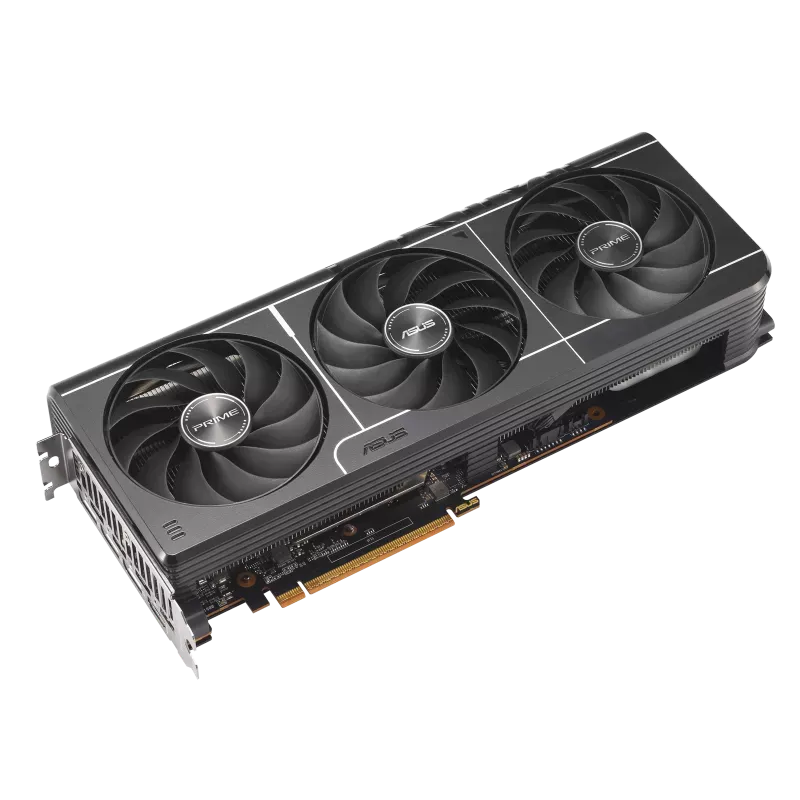 نمای سهبعدی ASUS Prime Radeon RX 9070 XT نمای زاویهدار کارت گرافیک ASUS Prime RX 9070 XT OC با سه فن Axial-tech
