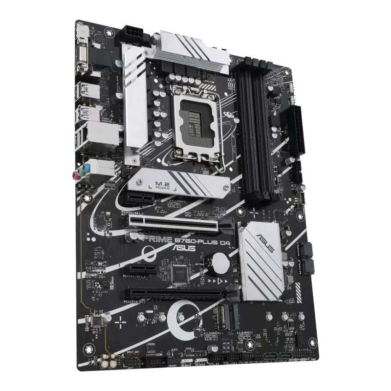 نمای زاویه‌دار مادربرد ASUS Prime B760-Plus D4 با سوکت LGA1700 و اسلات‌های توسعه