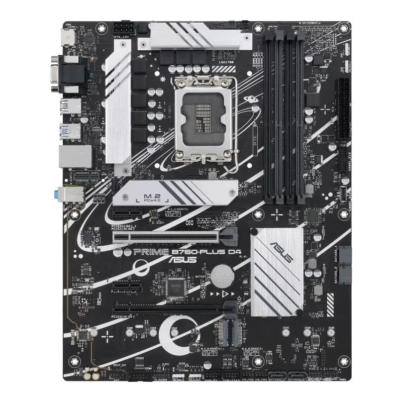 نمای کامل از بالا مادربرد ASUS Prime B760-Plus D4 با چیپست B760، سوکت LGA1700 و اسلات‌های PCIe