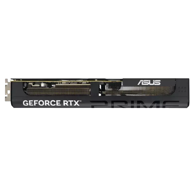 نمای کناری ASUS PRIME RTX 5070 نمای کناری کارت گرافیک ASUS PRIME RTX 5070 با هیتسینک و کانکتور برق ۱۶ پین