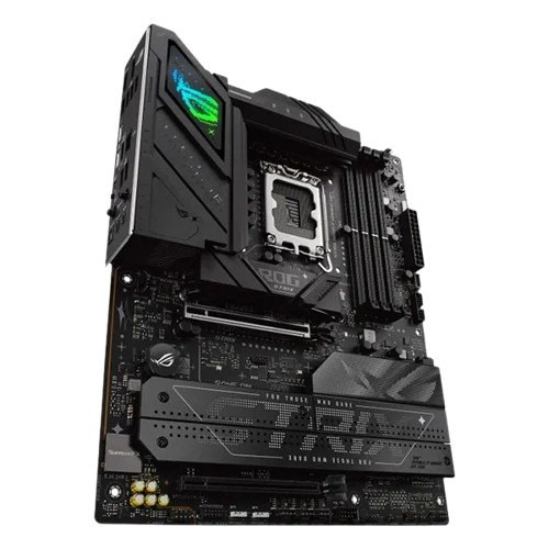 نمای زاویهدار مادربرد ASUS ROG STRIX B860-F GAMING WIFI با سوکت LGA1851 و چهار اسلات DDR5 نمای سهبعدی ROG STRIX B860-F GAMING WIFI