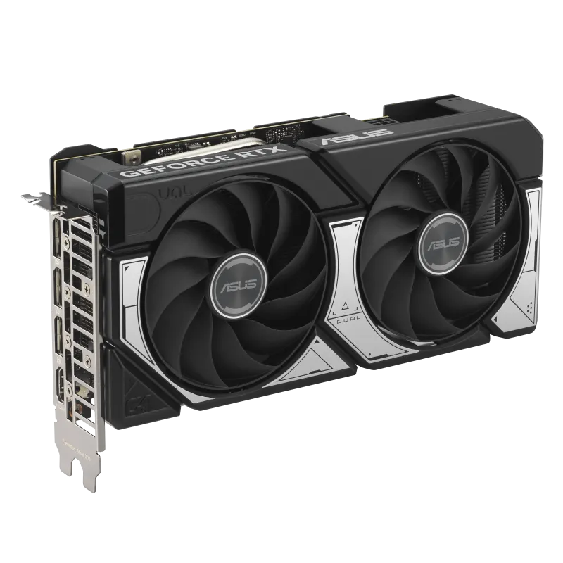 ASUS Dual RTX 5060 Ti OC – نمای روبرو کارت گرافیک ASUS Dual RTX 5060 Ti 16GB GDDR7 OC – نمای روبرو با دو فن Axial-tech