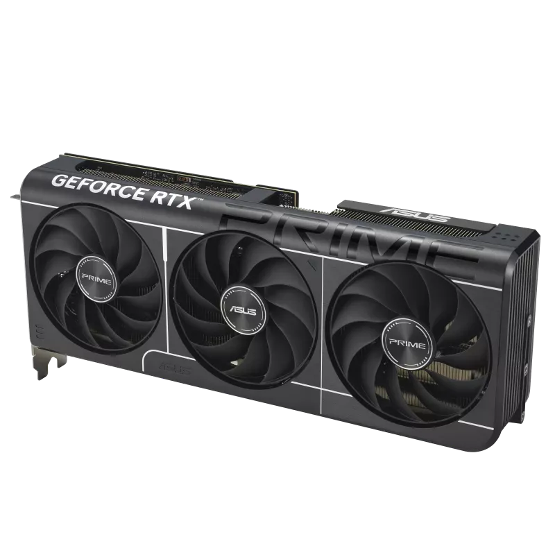 نمای سه‌رخ کارت گرافیک ASUS PRIME GeForce RTX 5070 با سه فن Axial-tech