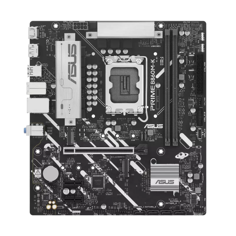 نمای کامل مادربرد ASUS Prime B860M-K نمای کامل از بالا مادربرد ASUS Prime B860M-K با چیپست B860، سوکت LGA1851 و اسلاتهای توسعه