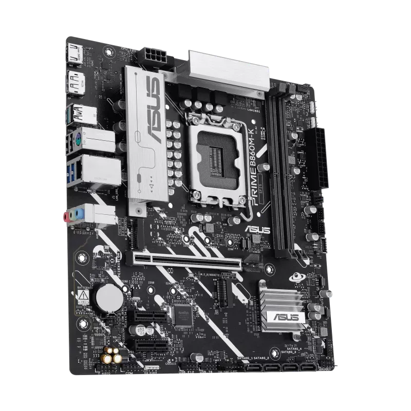 ASUS Prime B860M-K Motherboard نمای سهربع مادربرد ASUS Prime B860M-K با طراحی مشکی و نقرهای، اسلات PCIe و درگاههای ذخیرهسازی