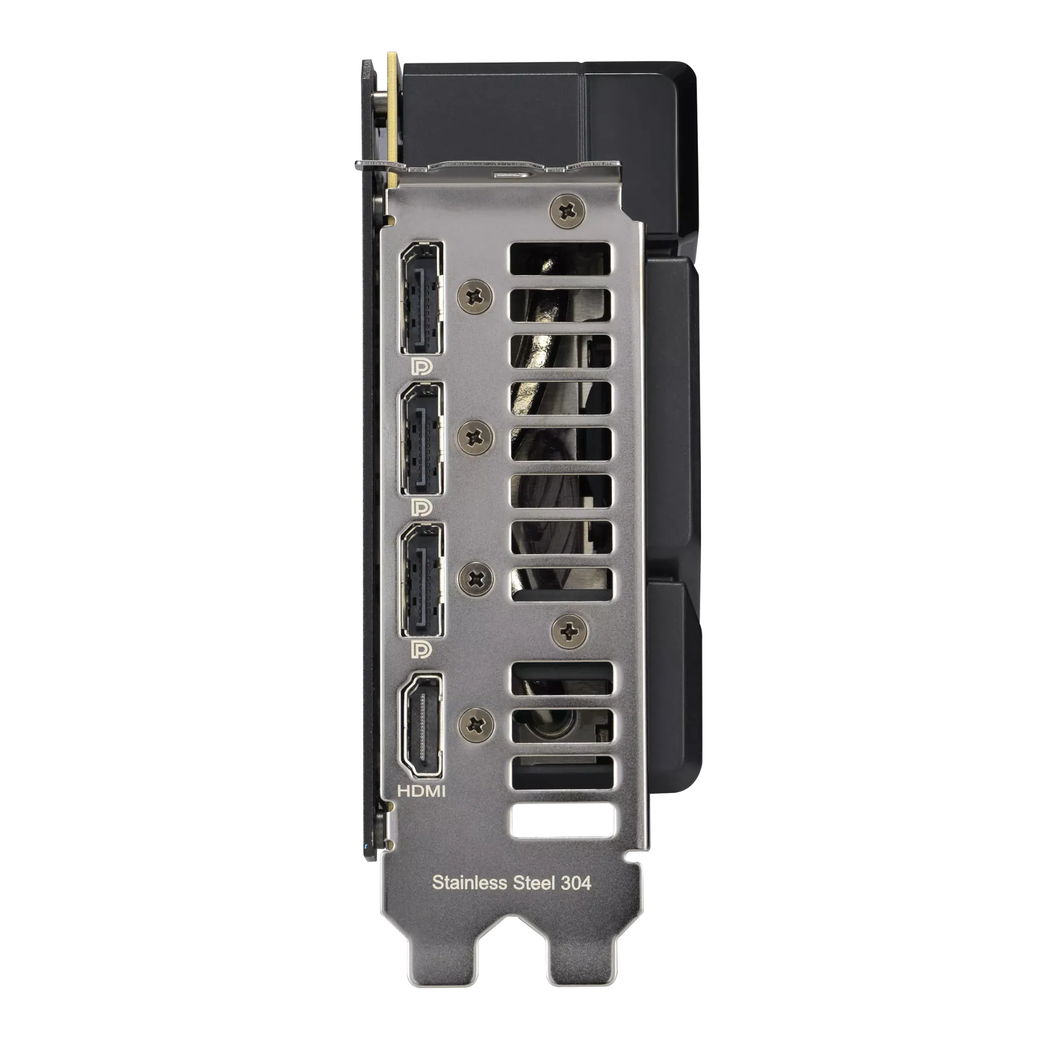 پورت‌های خروجی کارت گرافیک ASUS Dual GeForce RTX 5070 شامل HDMI و DisplayPort با طراحی استیل ضدزنگ