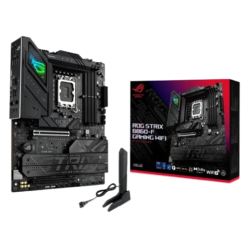 مادربرد ایسوس ROG STRIX B860-F GAMING WIFI همراه جعبه محصول و آنتن WiFi 7 مادربرد ASUS ROG STRIX B860-F GAMING WIFI با جعبه