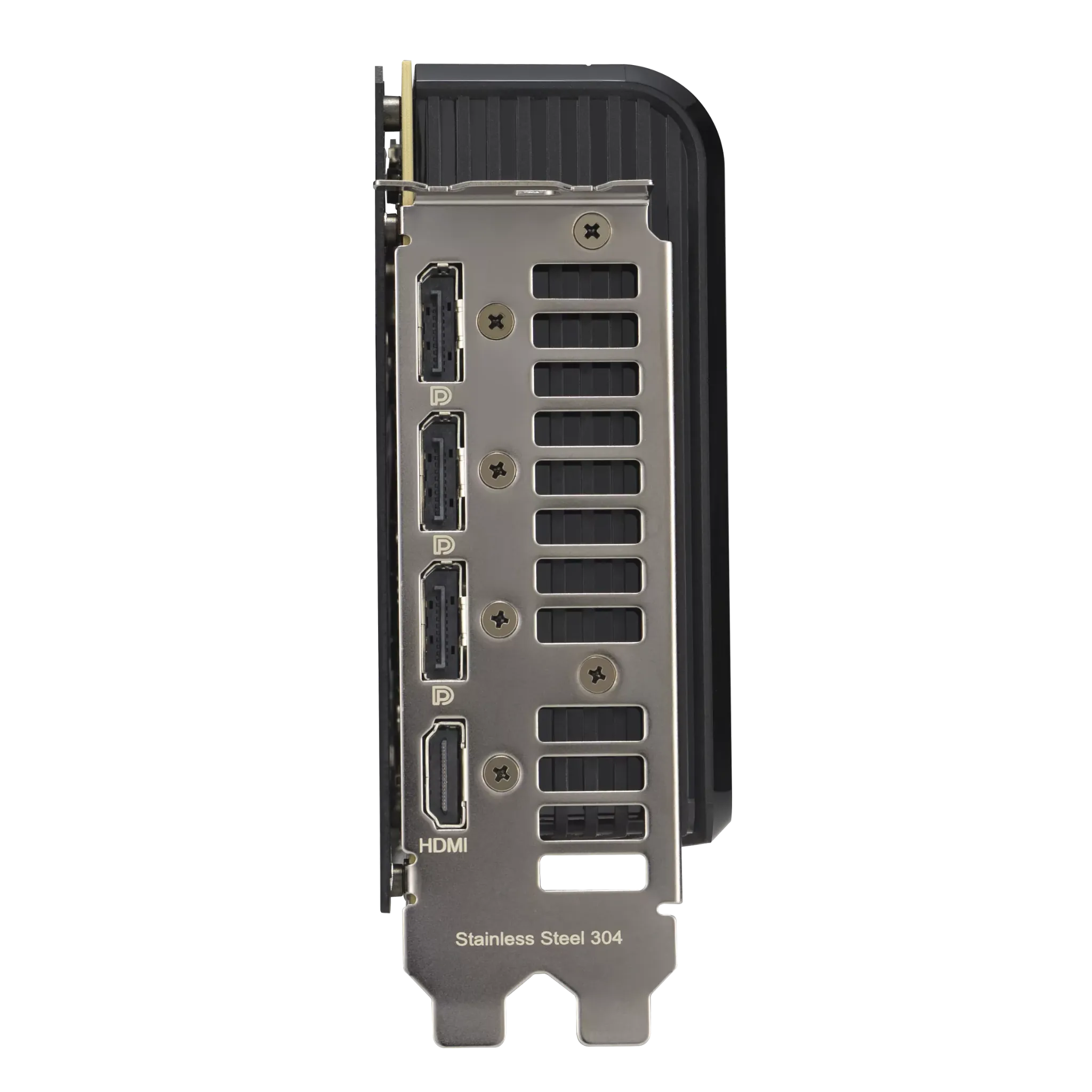 ASUS PRIME RTX 5080 – پورتهای HDMI و DisplayPort کارت گرافیک ایسوس با بدنه Stainless Steel 304 پورتهای خروجی کارت گرافیک ASUS PRIME GeForce RTX 5080 شامل HDMI و DisplayPort با طراحی استیل ضدزنگ