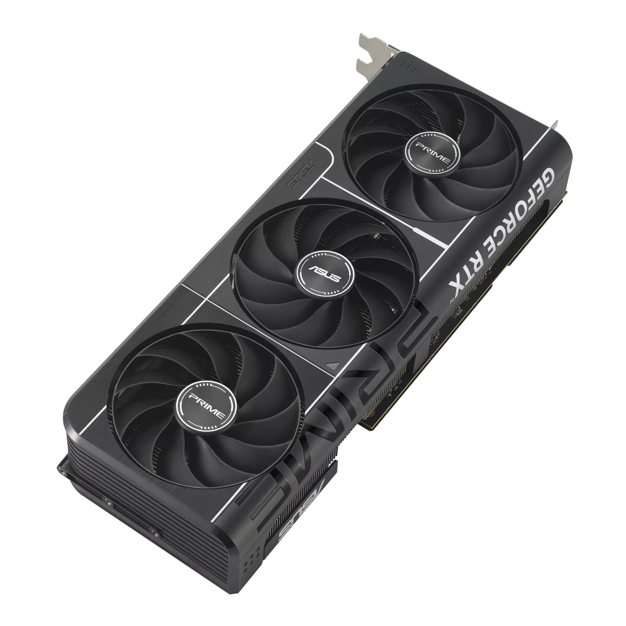 ASUS PRIME RTX 5080 OC Edition – نمای بالا از کارت گرافیک سه فن ایسوس برای گیمینگ و طراحی حرفهای کارت گرافیک ASUS PRIME GeForce RTX 5080 16GB GDDR7 OC Edition از زاویه بالا با طراحی سه فن خنککننده