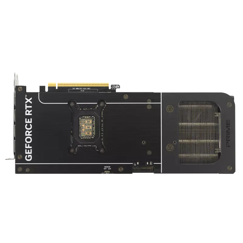 نمای مستقیم پشت کارت گرافیک ASUS PRIME RTX 5070 با بک‌پلیت فلزی