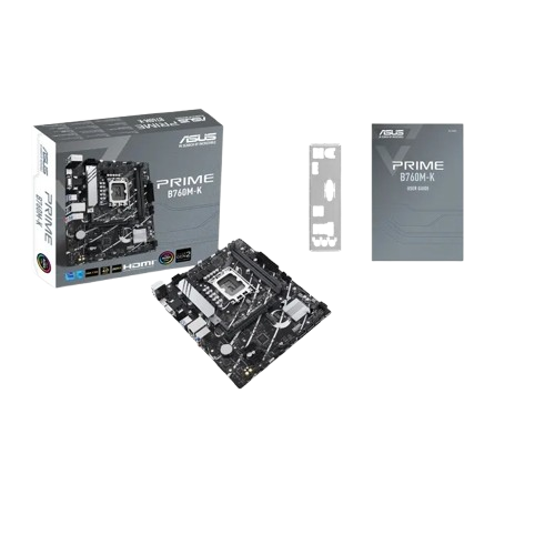 محتویات جعبه مادربرد ایسوس PRIME B760M-K DDR5 مادربرد ASUS PRIME B760M-K DDR5 به همراه جعبه و لوازم داخل بسته