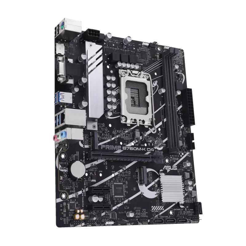 نمای زاویه‌دار مادربرد ASUS Prime B760M-K D4 با سوکت LGA1700 و اسلات‌های رم DDR4
