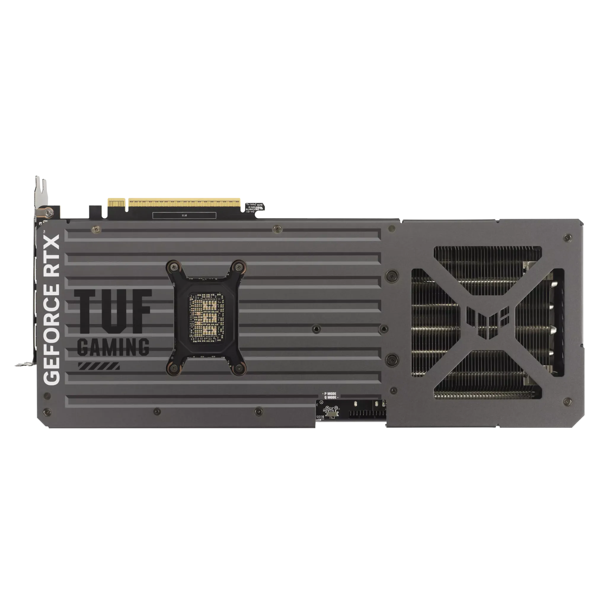 ASUS TUF Gaming GeForce RTX 5080 16GB GDDR7 OC Edition – نمای پشت کارت گرافیک با بکپلیت فلزی TUF نمای پشت کارت گرافیک ASUS TUF Gaming GeForce RTX 5080 با طراحی فلزی و بکپلیت مقاوم برای دفع حرارت