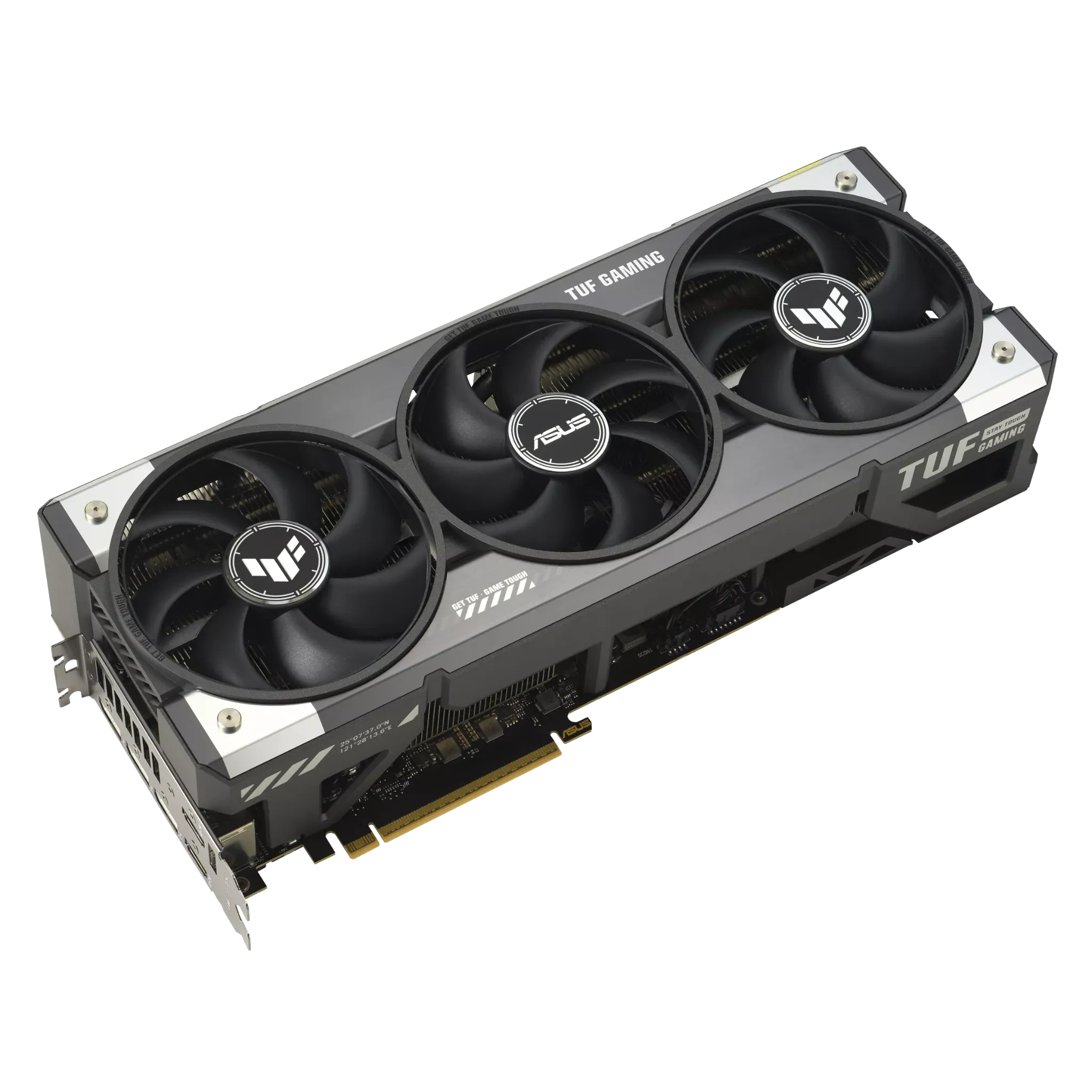 ASUS TUF Gaming GeForce RTX 5080 16GB GDDR7 OC Edition – نمای زاویهای کارت گرافیک ایسوس با طراحی مقاوم TUF کارت گرافیک ASUS TUF Gaming GeForce RTX 5080 با طراحی سه فن و عملکرد خنککننده پیشرفته برای گیمینگ