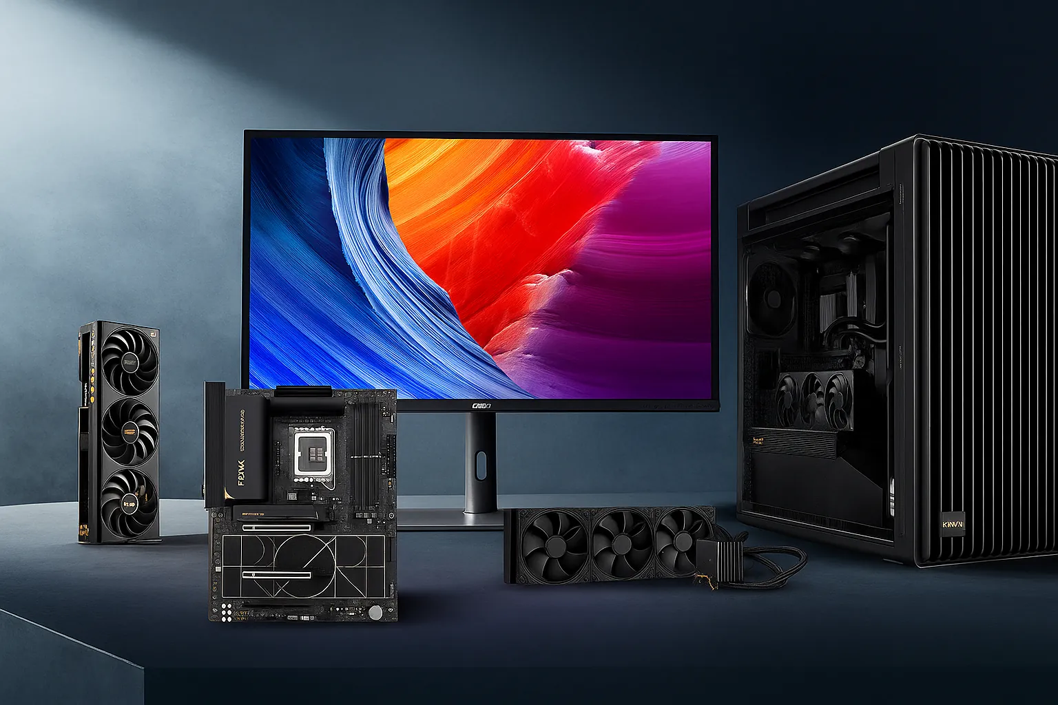 ASUS ProArt Series Components Showcase تصویر مجموعه تجهیزات ASUS ProArt شامل مادربرد، کارت گرافیک، مانیتور و کیس حرفهای