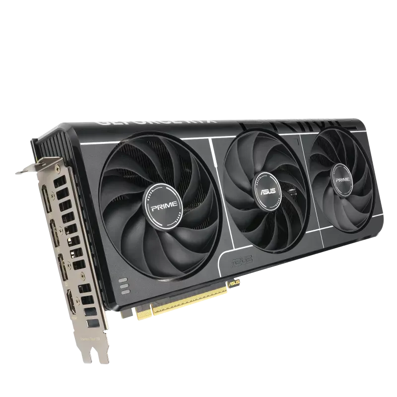 خنککننده سهفن ASUS PRIME RTX 5070 نمای زاویهدار کارت گرافیک ASUS PRIME RTX 5070 با سه فن خنککننده Axial-tech