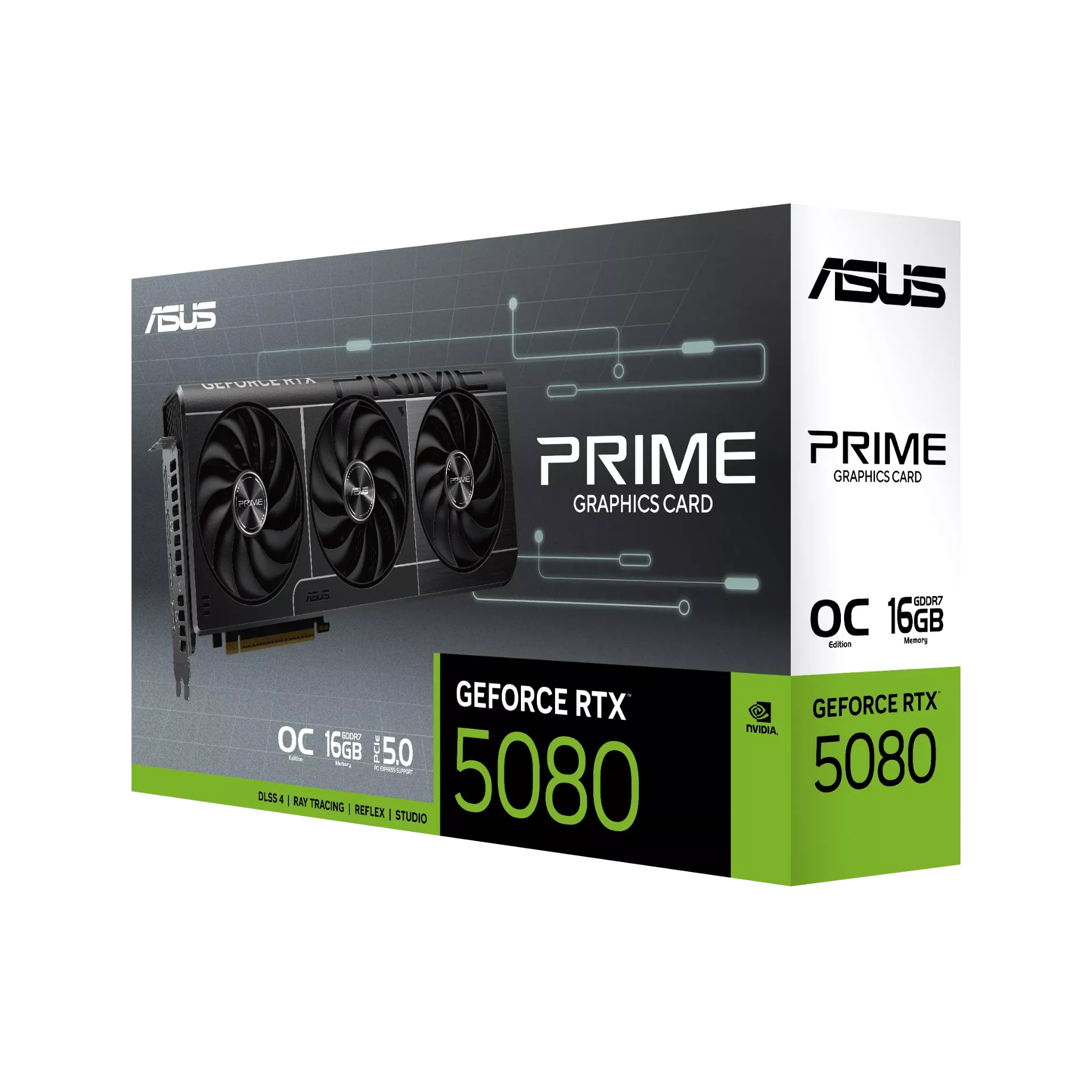 ASUS PRIME RTX 5080 OC Edition – جعبه کارت گرافیک ایسوس با طراحی جدید سری PRIME و حافظه 16 گیگابایتی GDDR7 باکس کارت گرافیک ASUS PRIME GeForce RTX 5080 16GB GDDR7 OC Edition با طراحی مدرن و رنگ سبز برند NVIDIA