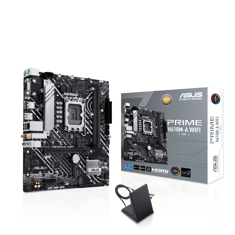 مادربرد ایسوس PRIME H610M-A WIFI DDR5 همراه با جعبه محصول و آنتن وای فای مادربرد ASUS PRIME H610M-A WIFI DDR5 با جعبه و آنتن