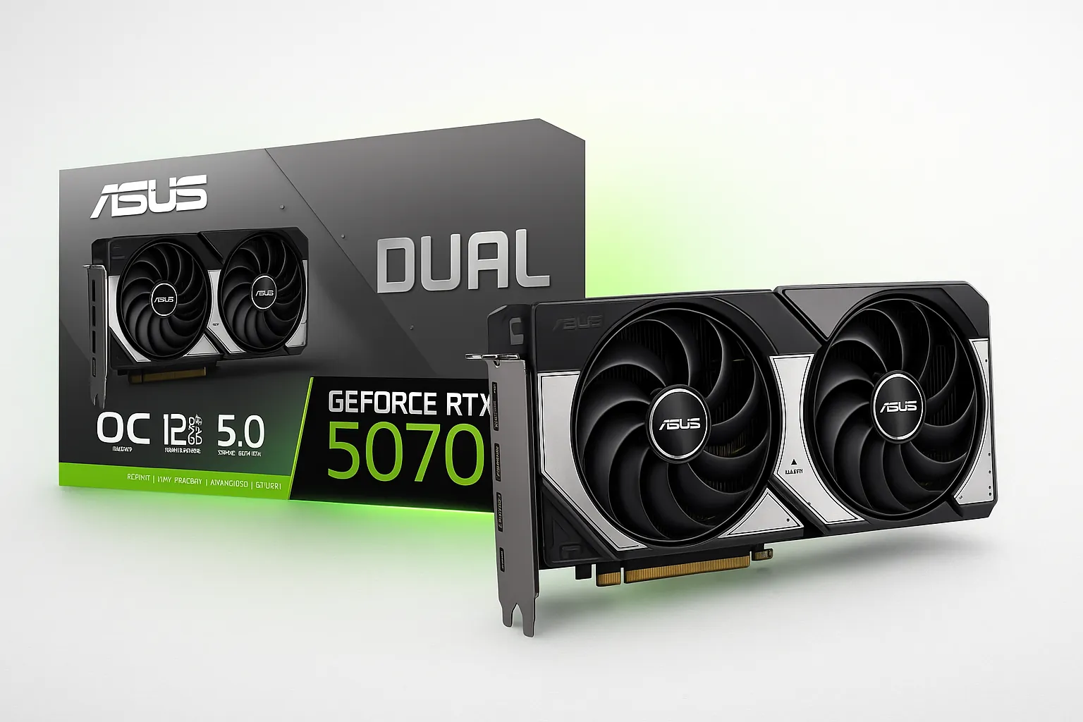 ASUS Dual GeForce RTX 5070 12GB GDDR7 | بنر روشن کارت گرافیک ایسوس بنر روشن کارت گرافیک ASUS Dual GeForce RTX 5070 با پسزمینه نقرهای و نور سبز