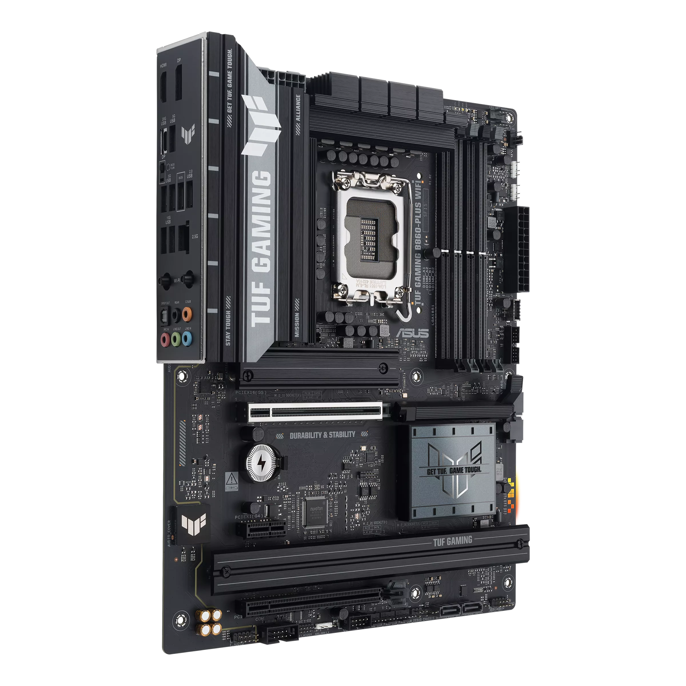 ASUS TUF GAMING B860-PLUS WIFI – Side Angle with I/O Ports مادربرد ASUS TUF GAMING B860-PLUS WIFI از زاویه کناری با پنل I/O