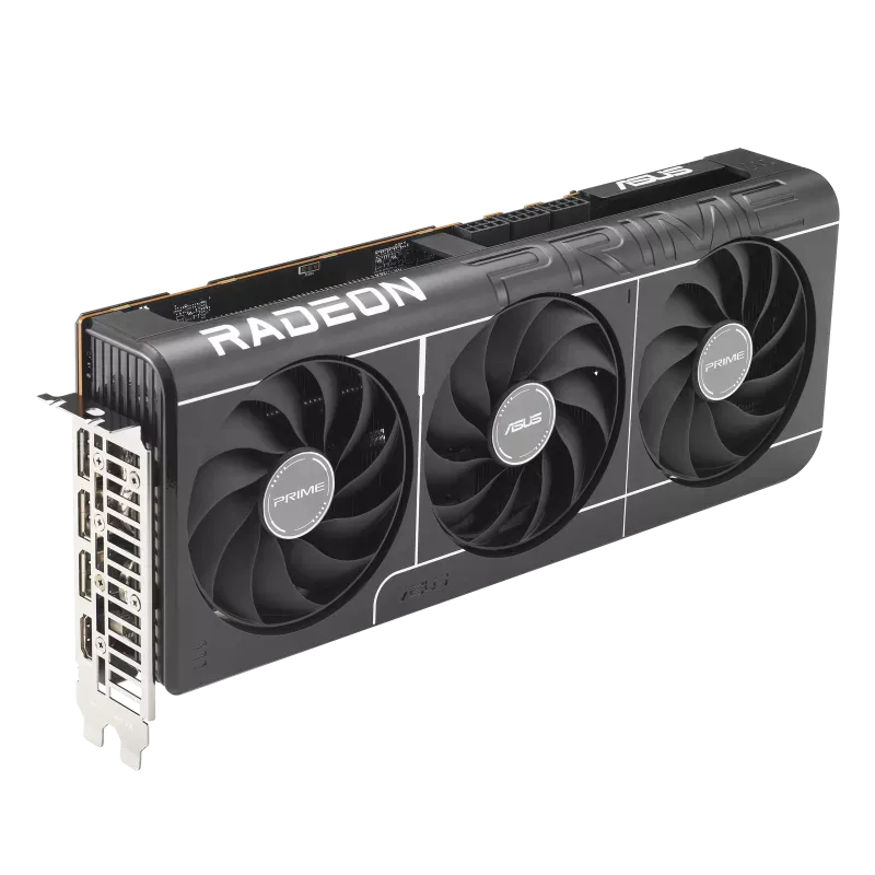 کارت گرافیک سه فن ASUS Prime RX 9070 XT نمای کارت گرافیک ASUS Prime Radeon RX 9070 XT با سه فن و خروجیهای HDMI و DisplayPort
