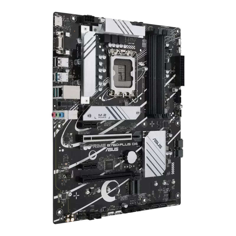 نمای سه‌ربع مادربرد ASUS Prime B760-Plus D4 با هیت‌سینک‌های نقره‌ای و چهار اسلات رم DDR4
