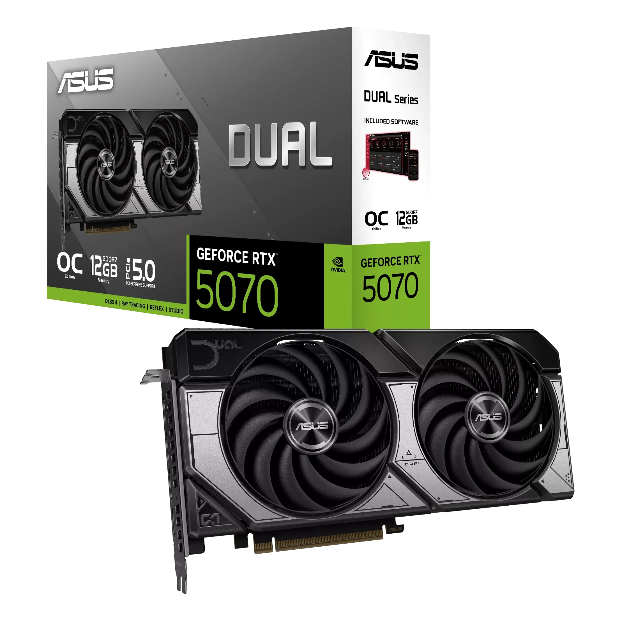 ASUS Dual GeForce RTX 5070 – کارت گرافیک ایسوس به همراه بستهبندی اصلی با فناوری DLSS و PCIe 5.0 کارت گرافیک ASUS Dual GeForce RTX 5070 به همراه جعبه محصول با طراحی مدرن و حافظه 12GB GDDR7