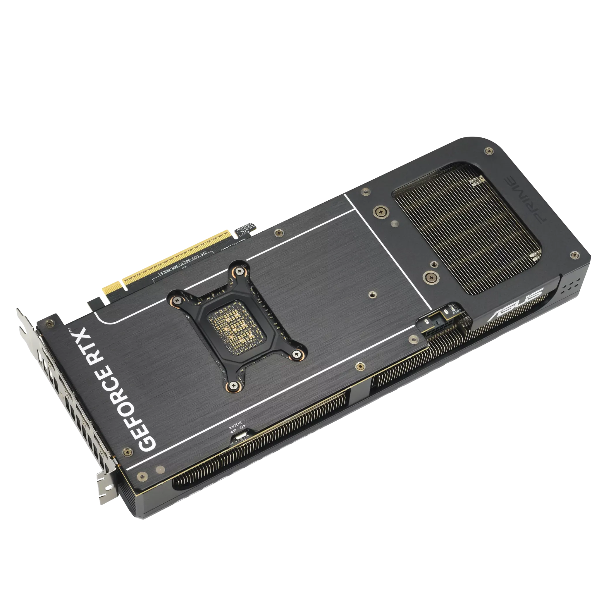 ASUS PRIME RTX 5080 OC Edition – نمای زاویهدار از پشت کارت گرافیک ایسوس با طراحی حرفهای و بکپلیت فلزی نمای زاویهدار پشت کارت گرافیک ASUS PRIME GeForce RTX 5080 16GB GDDR7 OC Edition با طراحی فلزی و سیستم خنککننده