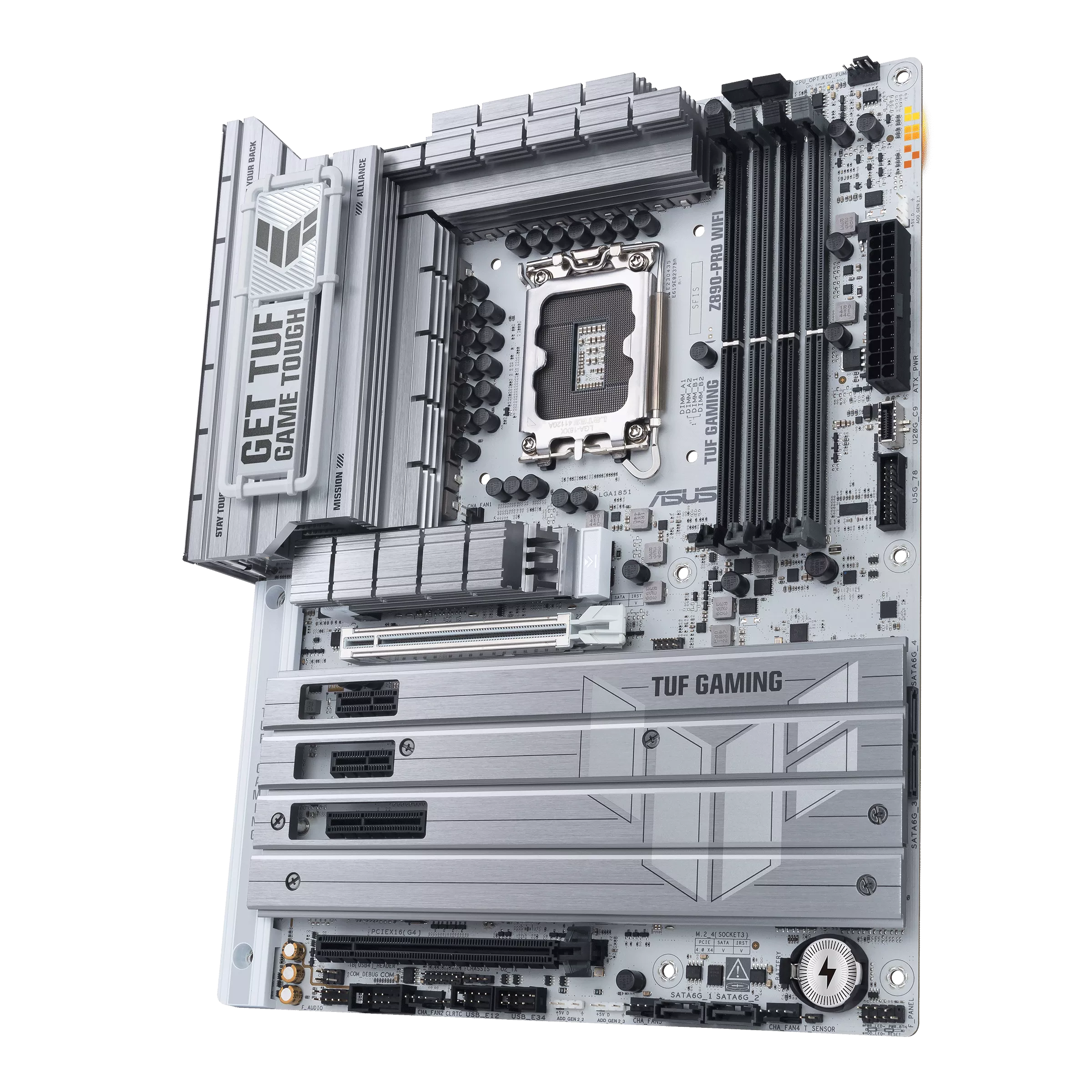ASUS TUF GAMING Z890-PRO WIFI Right Side View نمای سمت راست مادربرد ASUS TUF GAMING Z890-PRO WIFI شامل اسلاتهای DDR5 و لبه برد