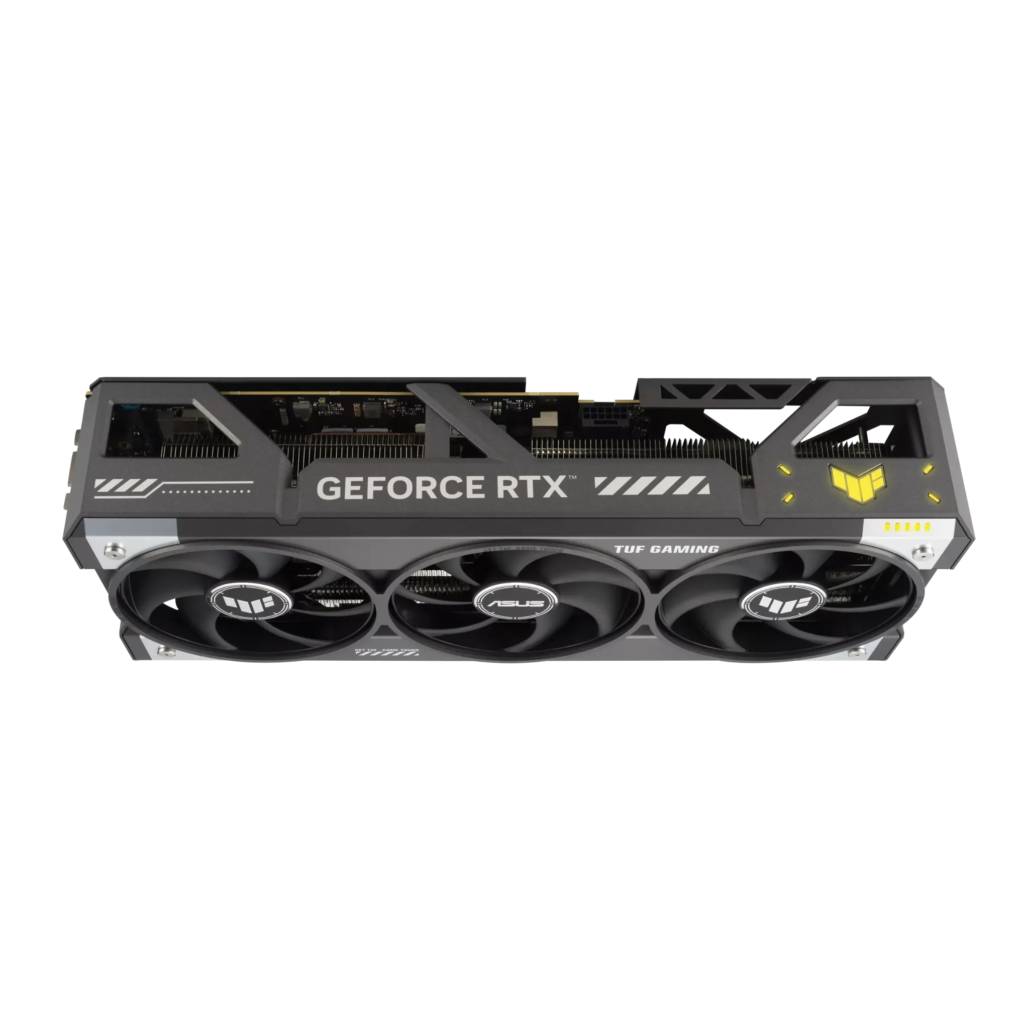 ASUS TUF Gaming GeForce RTX 5080 16GB GDDR7 OC Edition – نمای بالا از طراحی مقاوم کارت گرافیک ایسوس TUF کارت گرافیک ASUS TUF Gaming GeForce RTX 5080 با طراحی مستحکم و سیستم خنککننده سهفن