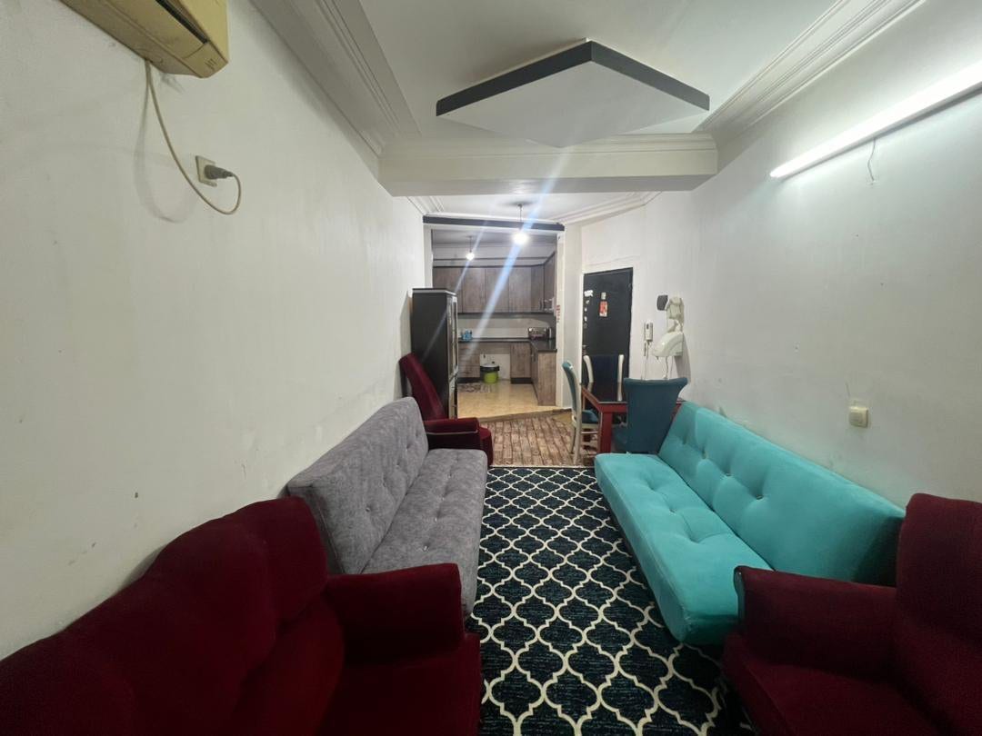 نشیمن با مبل و فرش هندسی در آپارتمان یک‌خوابه میزبان خسرو ماندگاری قشم