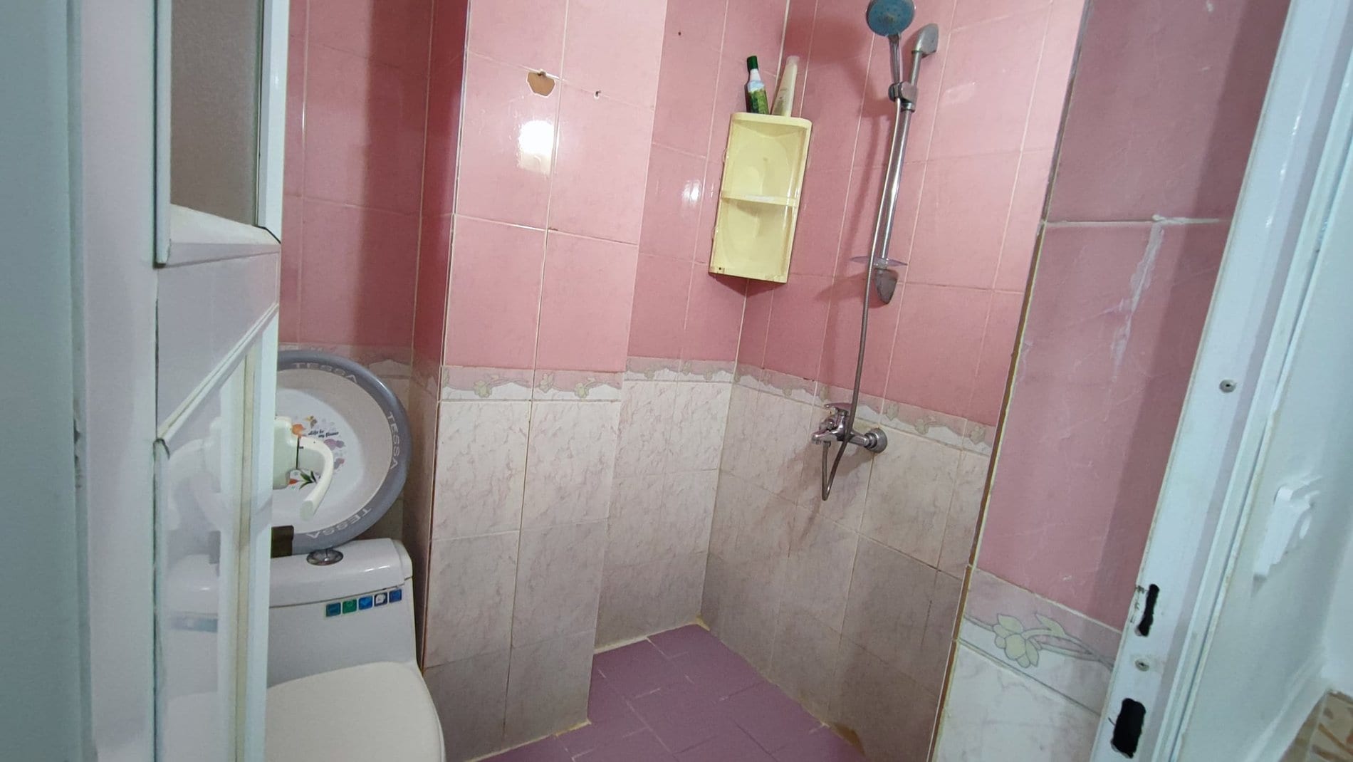 حمام با دوش و توالت فرنگی و کاشی صورتی در آپارتمان قشم
