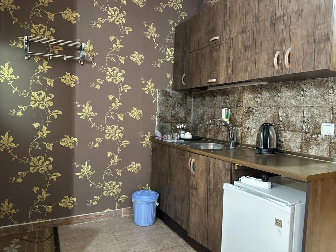نمای نزدیک کیچنت واحد ۲۰۱ پونه قشم با کابینت، سینک، چای‌ساز و یخچال کوچک