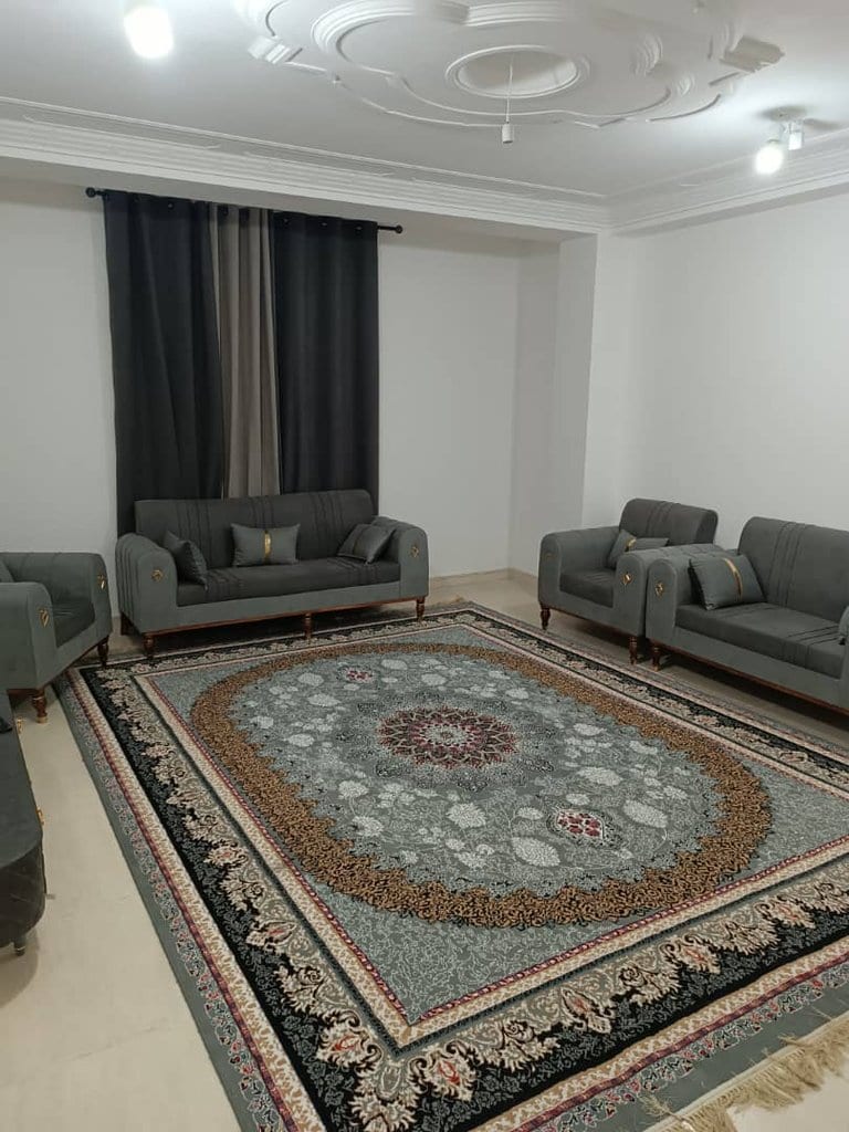 پذیرایی با دو مبل طرح‌دار و فرش در آپارتمان دوخوابه رویال سرو قشم