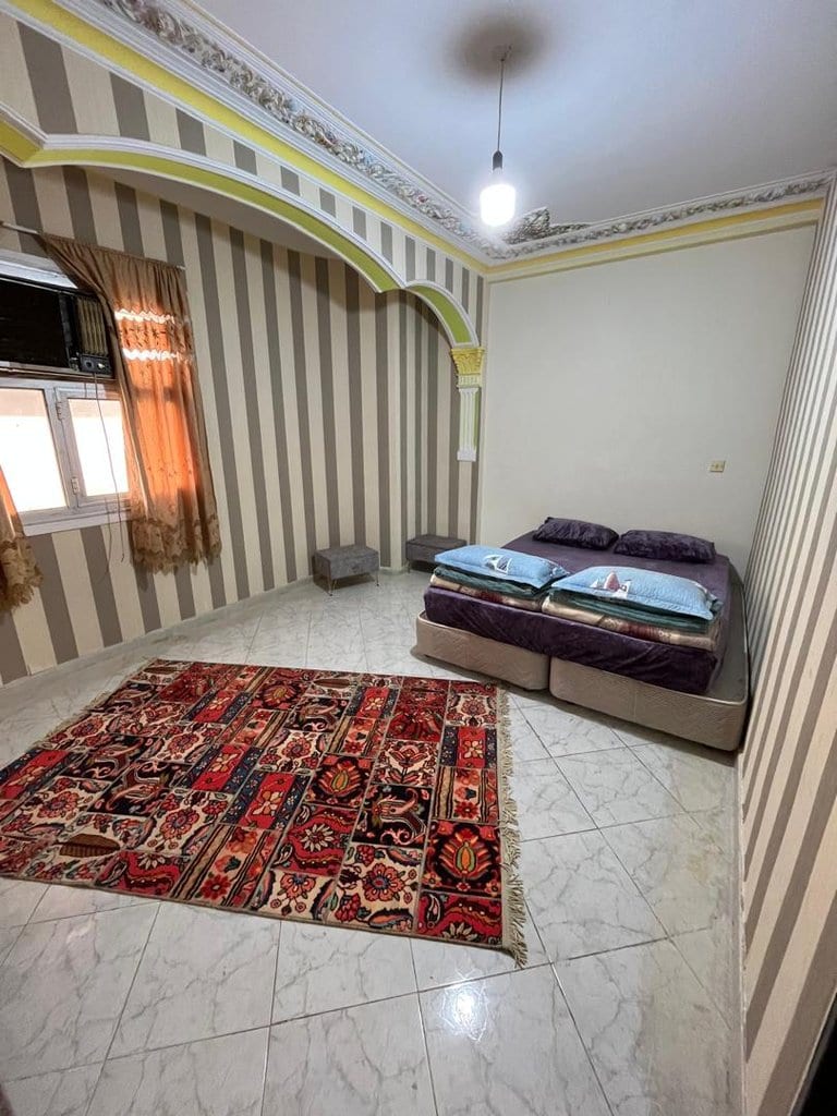 پذیرایی با مبلمان راحتی و فرش دستباف در واحد دوخوابه برگ سبز قشم